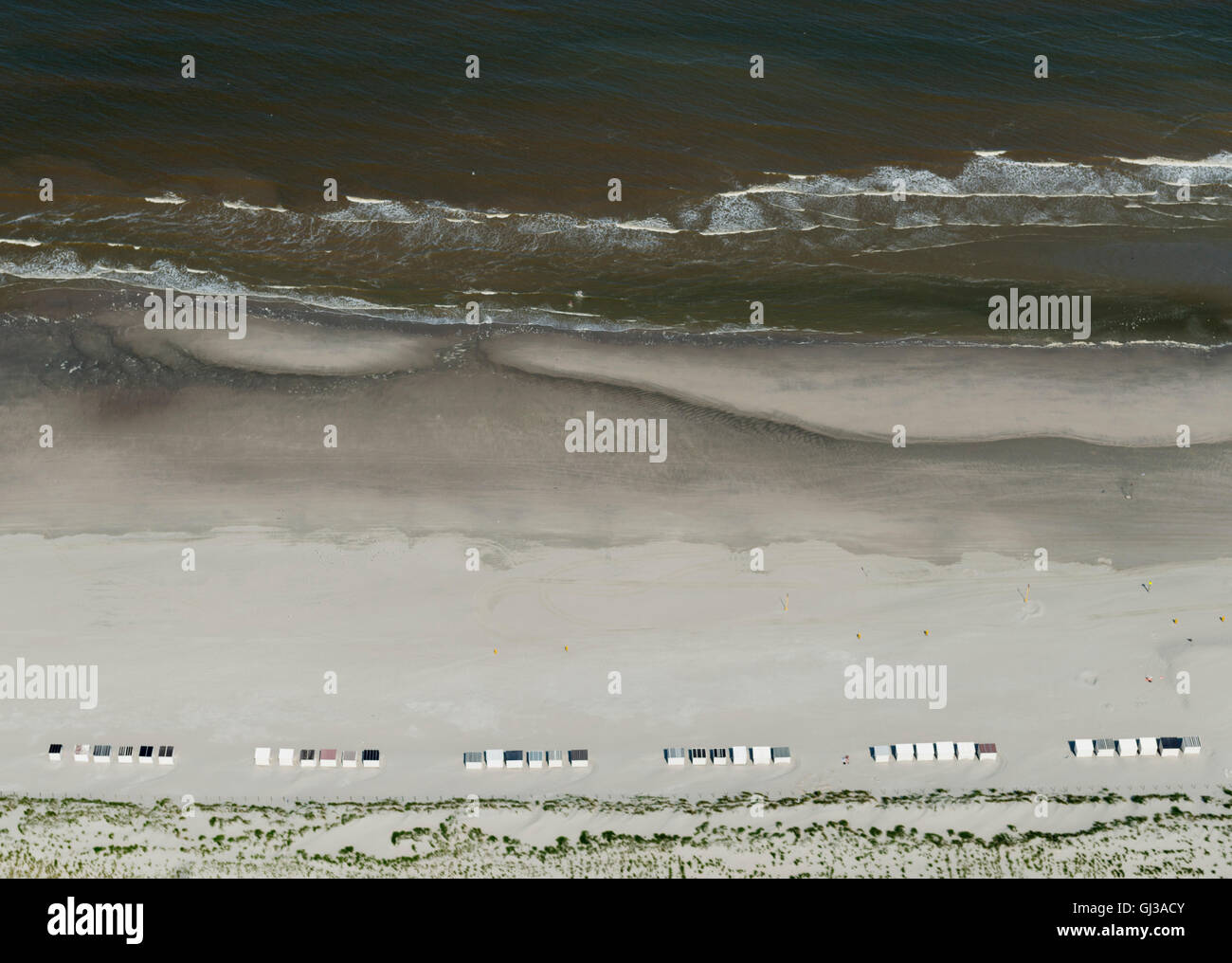 Aerial shot of a beach with beach cabins, Monster, South Holland, Netherlands Stock Photo