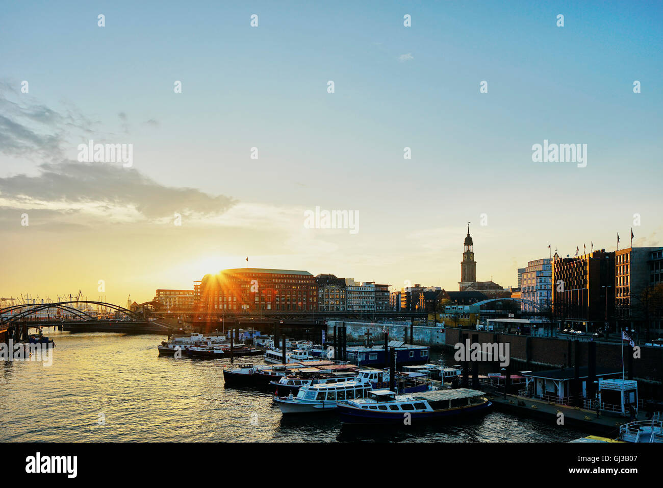 River boats on waterfront at sunset, Hafencity, Hamburg, Germany Stock ...
