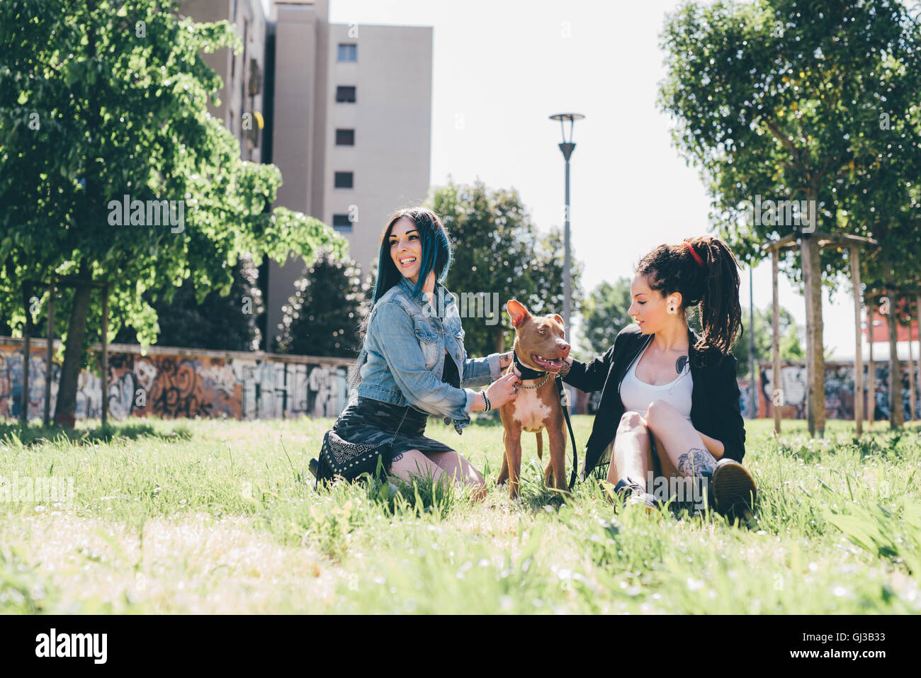 Two young women sitting with pit bull terrier in urban park Stock Photo