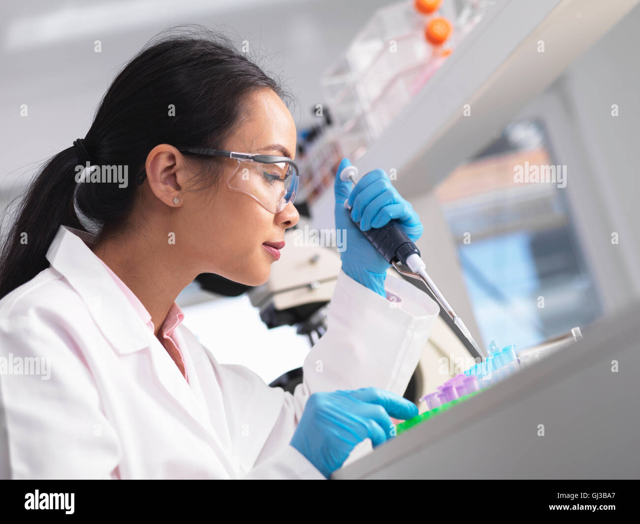 Scientist pipetting a sample into a phial during an experiment in a laboratory Stock Photo