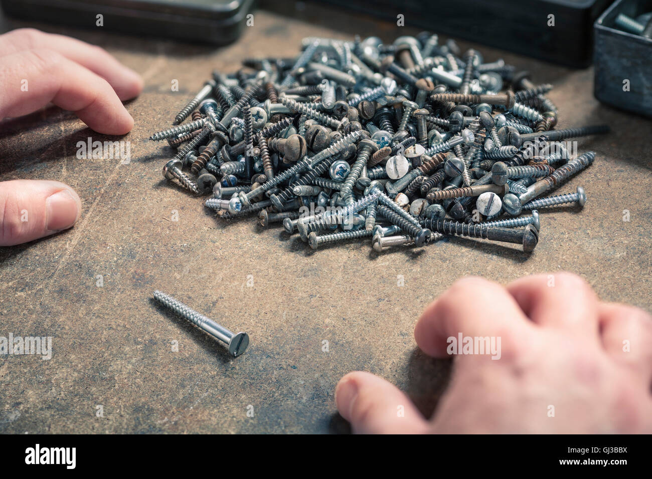 Pair of hands, one screw standing out from pile of different sized screws Stock Photo