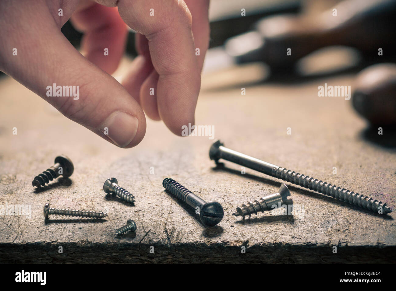 Close-up of hand above different sized screws Stock Photo