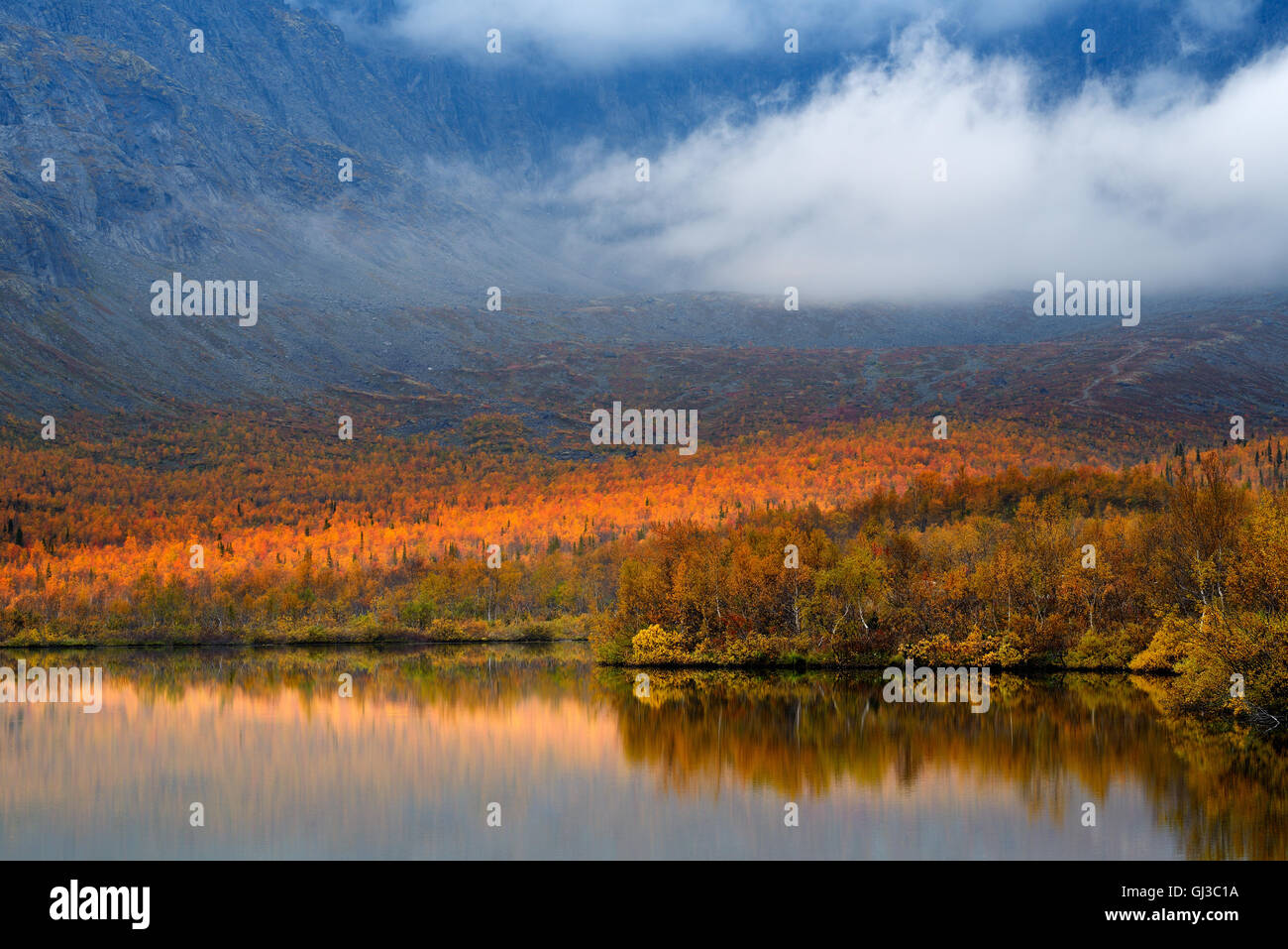 Autumn color and low cloud at Maliy Vudjavr Lake, Khibiny mountains, Kola Peninsula, Russia Stock Photo