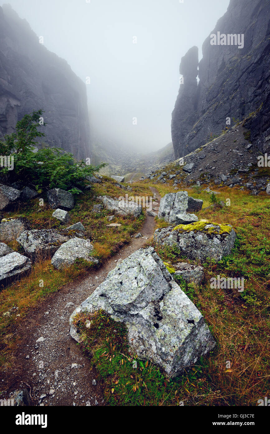 Misty path at Aku-Aku Ravine, Khibiny mountains, Kola Peninsula, Russia Stock Photo