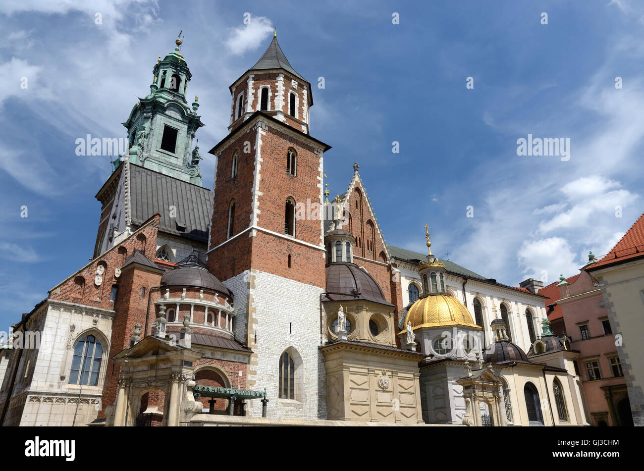 Gothic Wawel Cathedral in Royal Wawel castle ,Krakow,Poland. Sigismund's Chapel with golden dome is to the right and Vasa Dynast Stock Photo