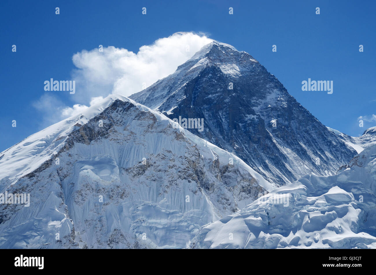 Summit of mount Everest or Sagarmatha - highest mountain in the world, view from Kala Patthar on sunny day,Nepal,Himalayas Stock Photo
