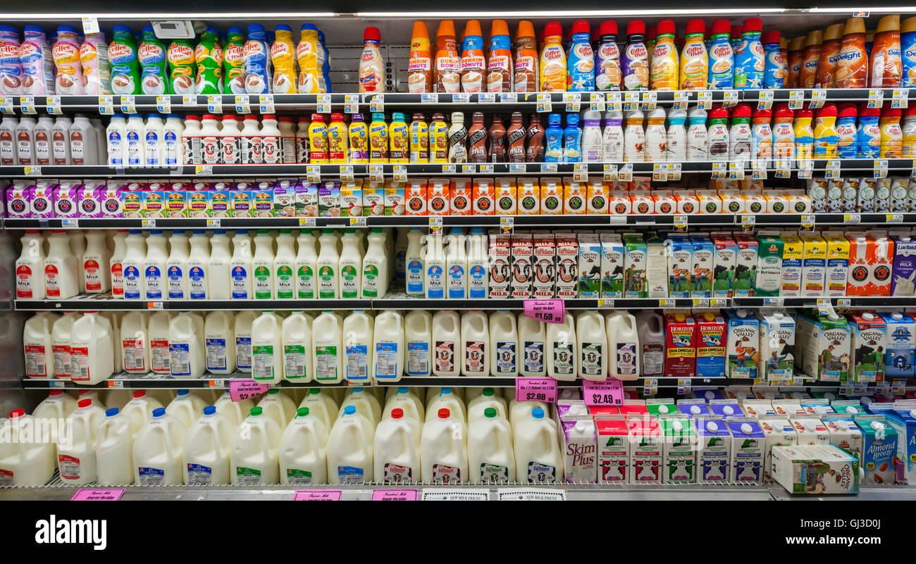 Containers of milk and dairy products in a supermarket in New York on