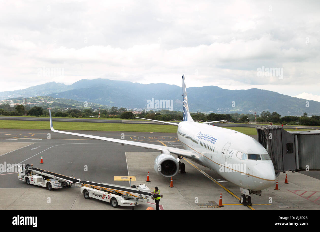 A Copa Airlines plane, national airline of Panama, on the ground, Juan Santamaria airport, San Jose, Costa Rica, Central America Stock Photo