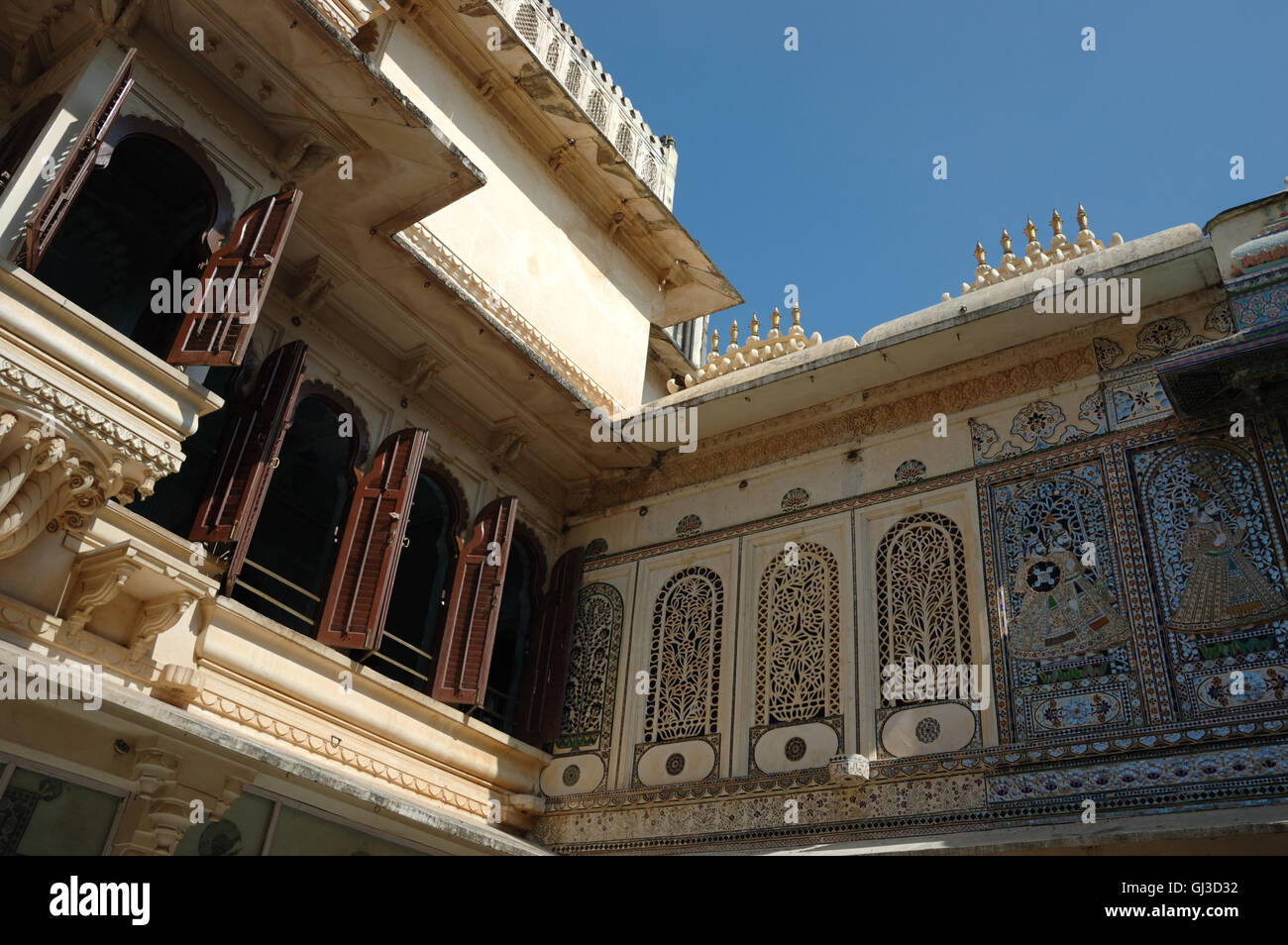 Closeup of Mor Chok ( Peacock square) in Udaipur city palace, Rajasthan,India Stock Photo