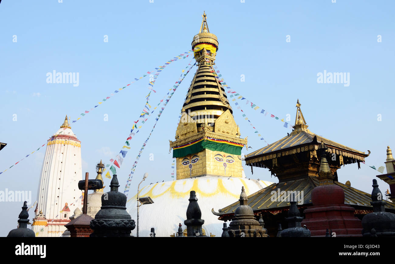 Swayambhunath Stupa religious complex or Monkey temple in Kathmandu, Nepal, Asia - famous buddhist temple listed as Unesco herit Stock Photo