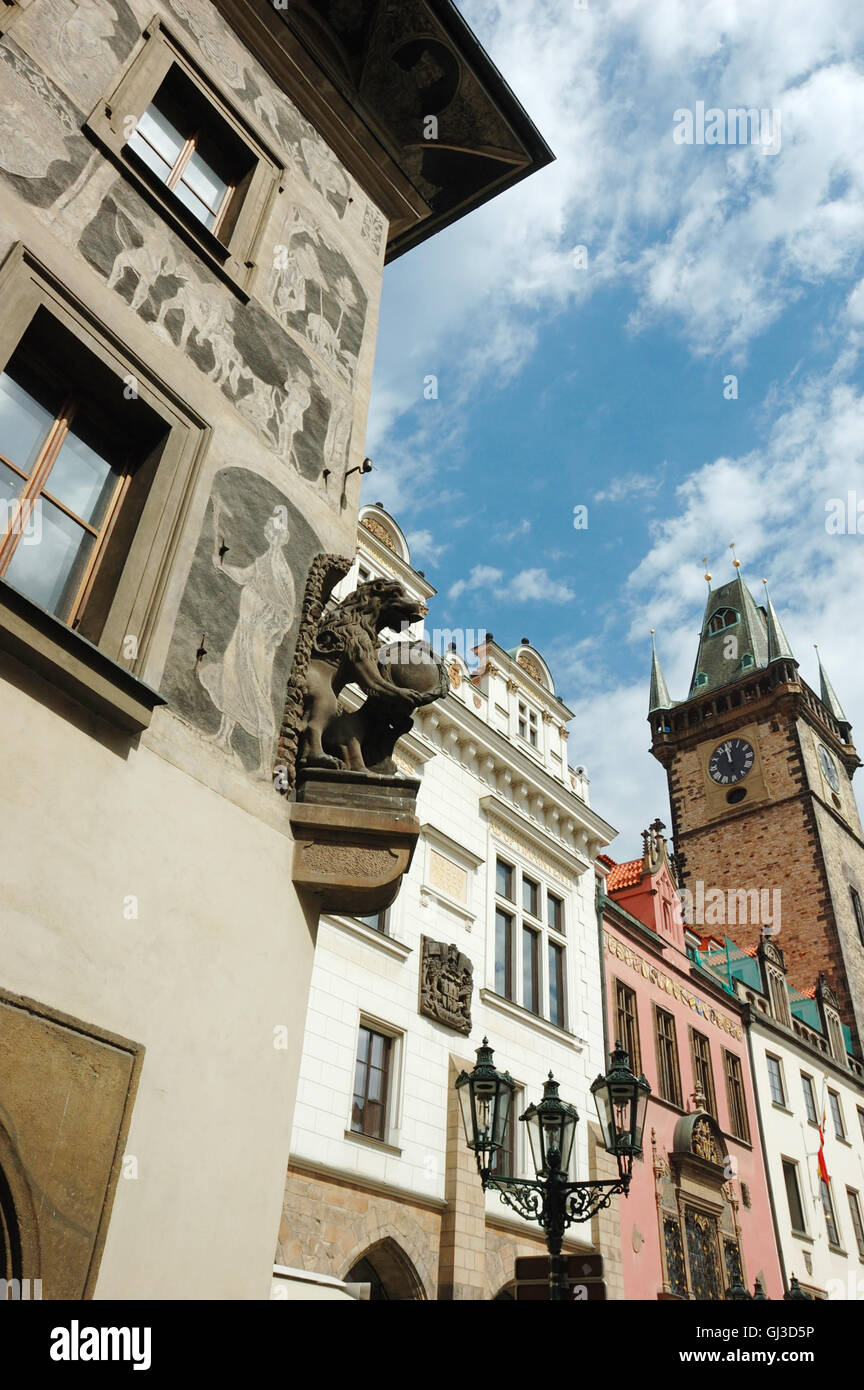 Old gothic Prague city with fanciful architectural details - chimeras and gargoyles Stock Photo