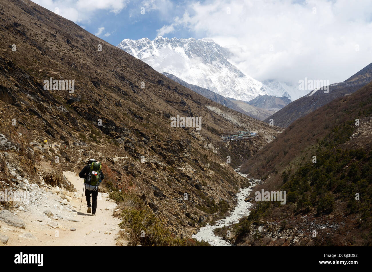 Hiking to South Everest Base Camp in Himalayas,Nepal,one of the most popular trekking routes in the world Stock Photo