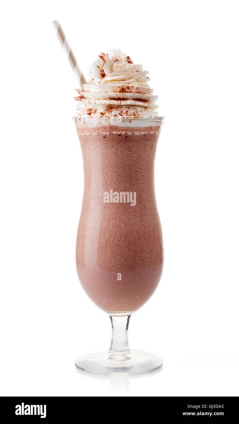 Glass of cold chocolate milkshake with whipped cream isolated on white background Stock Photo