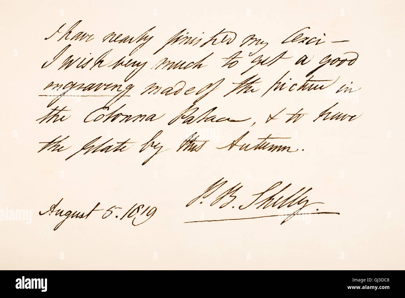 Percy Bysshe Shelley, 1792 – 1822.  English Romantic poet.  Hand writing sample. Stock Photo