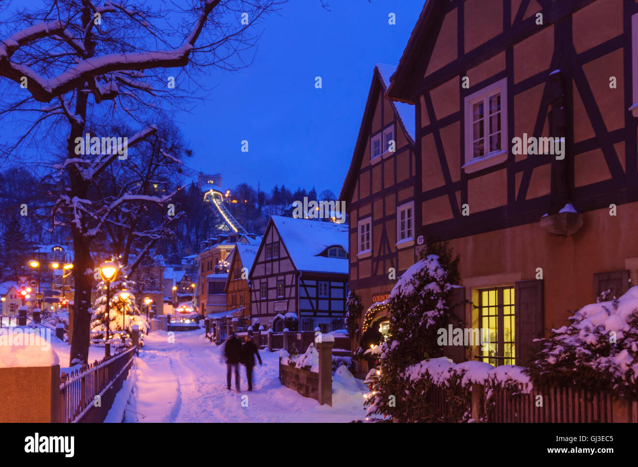 Dresden: Half-timbered houses in Loschwitz in the snow , look to monorail, Germany, Sachsen, Saxony, Stock Photo