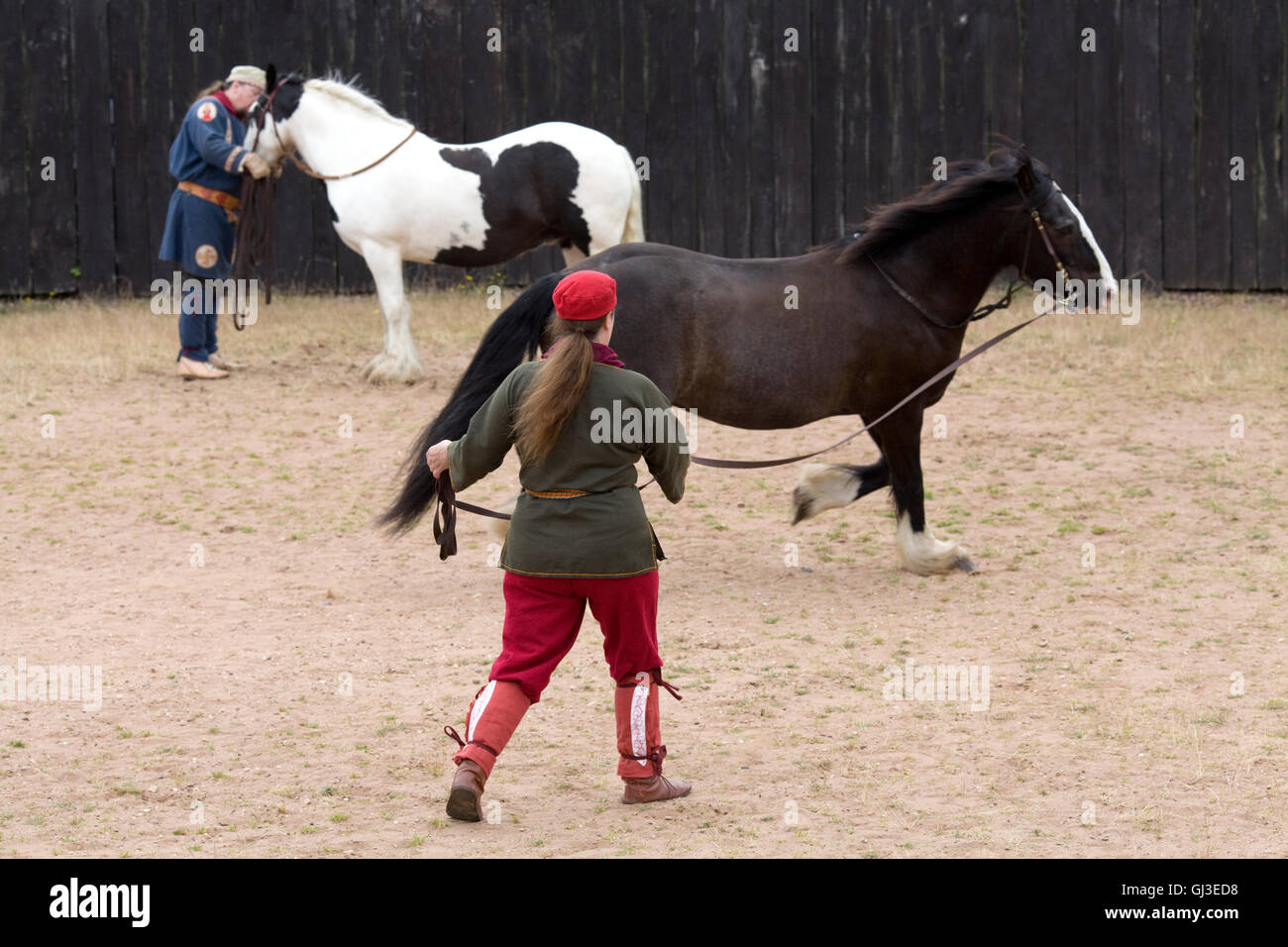 Lunging a horse in an old roman circular fort Stock Photo