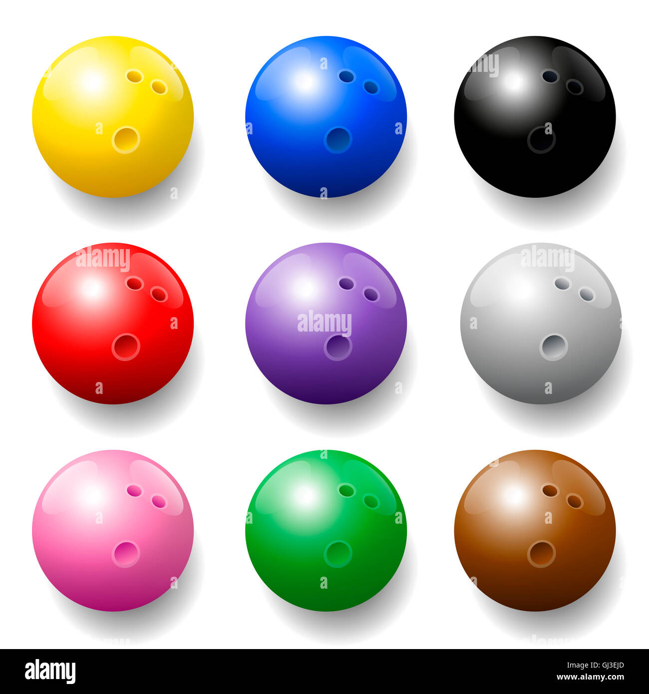 Bowling balls - nine different colors - three-dimensional. Stock Photo