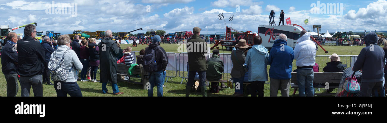 Spectators watching stunt bikes, Main Ring, Haddington Show, East Fortune, East Lothian Stock Photo