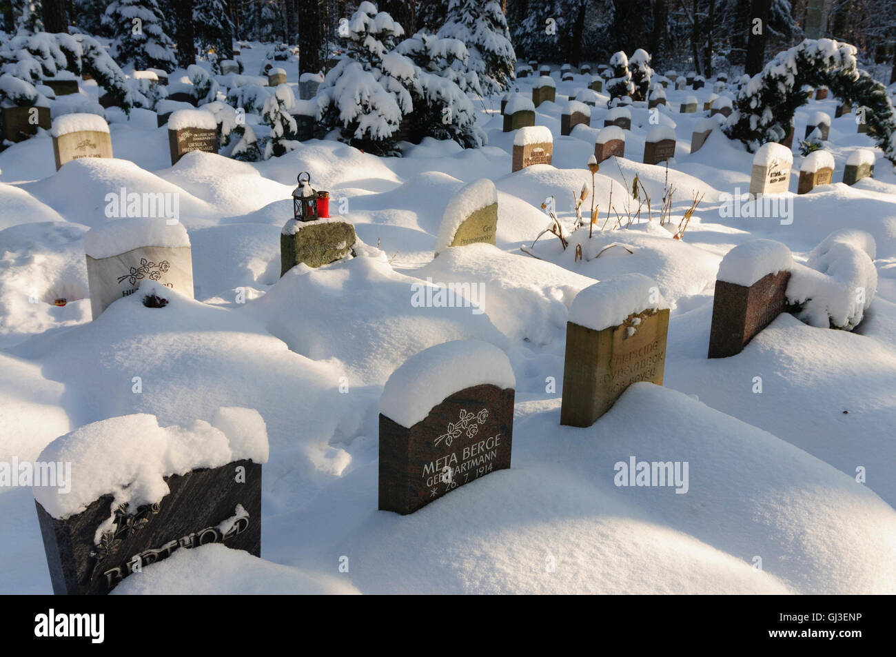 Dresden: Tombs grave stones at the cemetery deep in snow, Germany, Sachsen, Saxony, Stock Photo