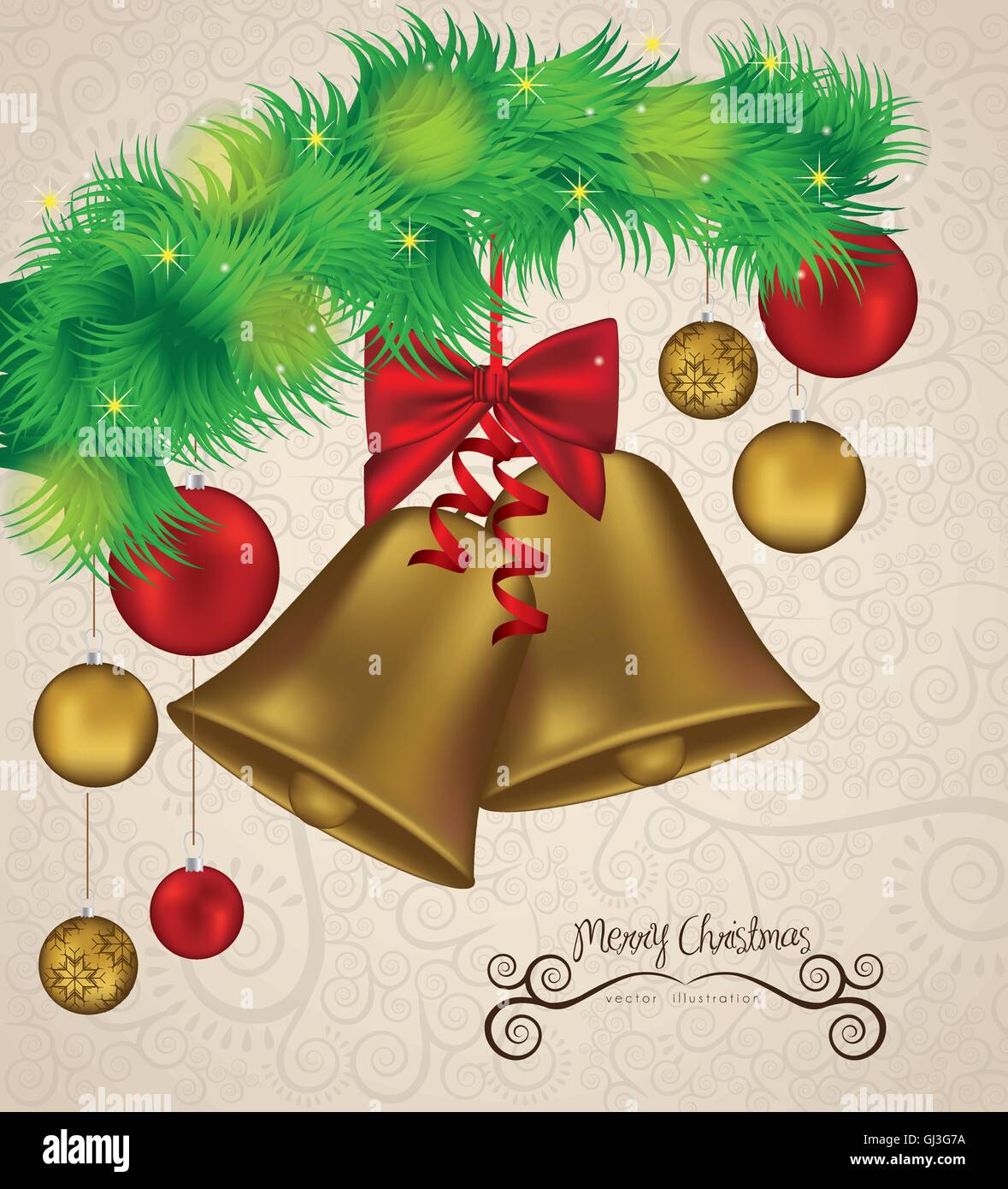 illustration of christmas golden bells with red ribbon vector il Stock ...