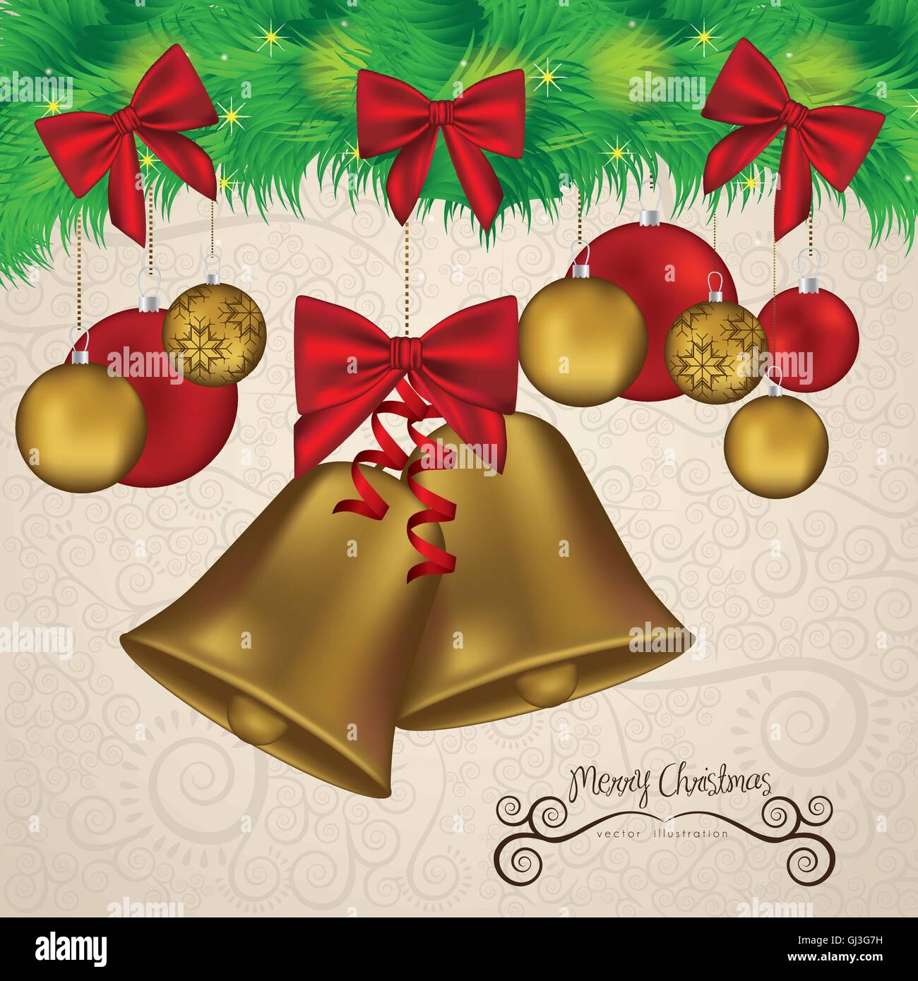 illustration of christmas golden bells with red ribbon vector il Stock ...