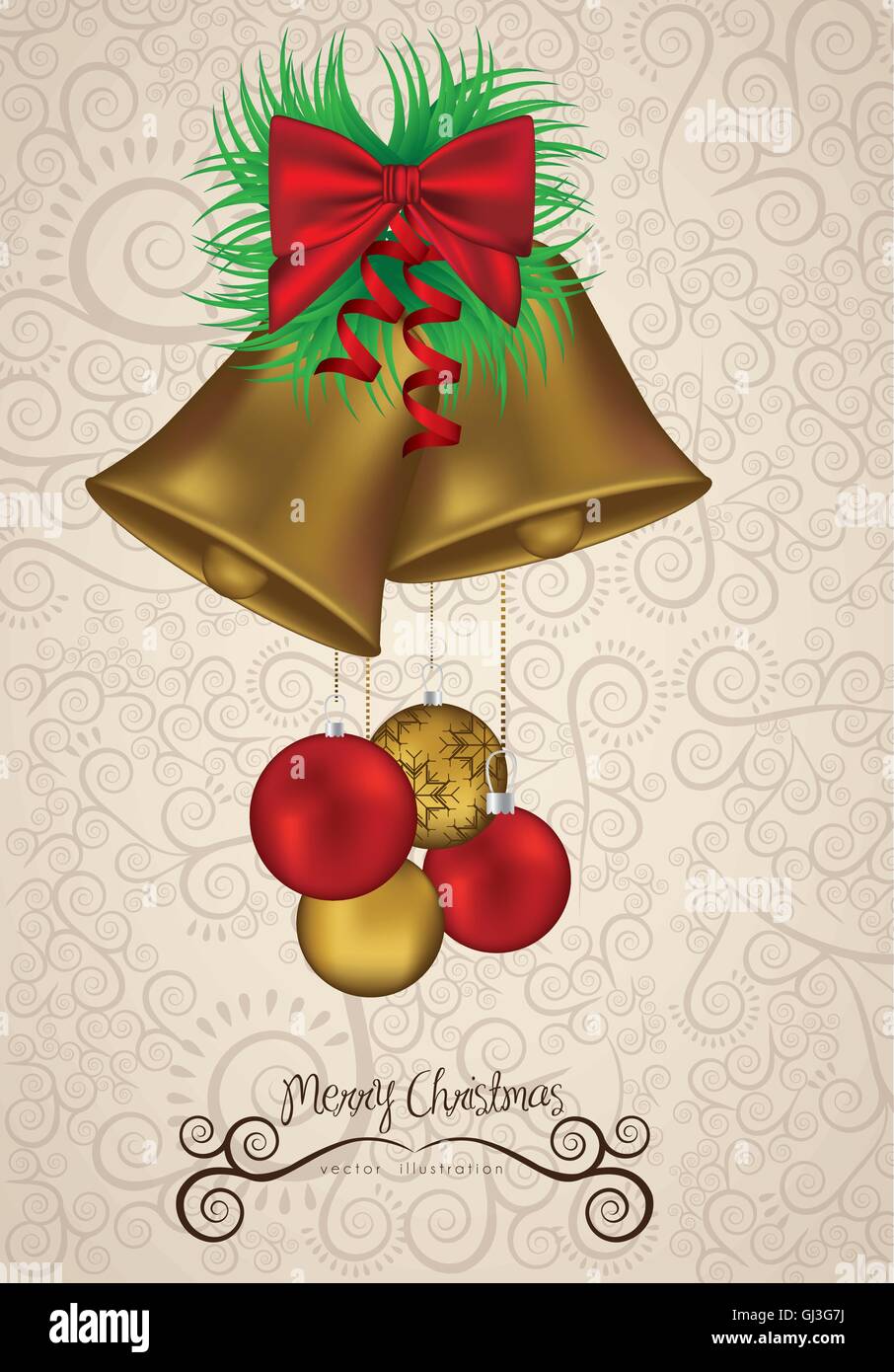 illustration of christmas golden bells with red ribbon vector il Stock ...
