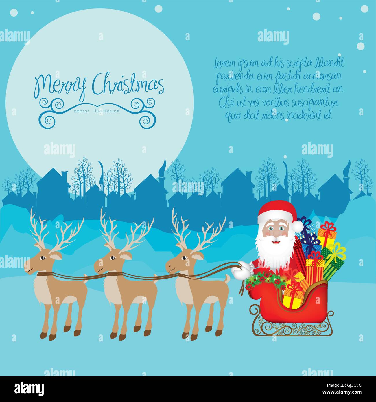 illustration of santa with sleigh full of gifts and reindeer on Stock ...
