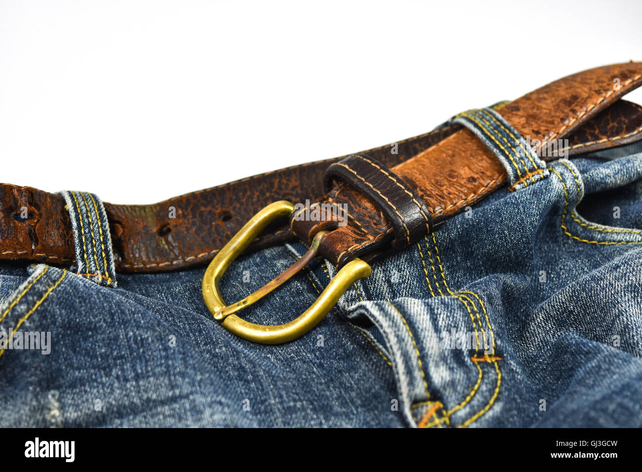 Blue Jeans with Leather Belt White Background Stock Photo