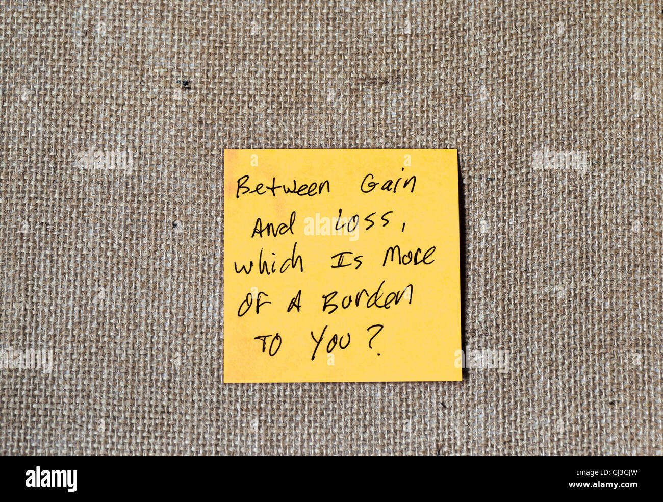 famous quote from the Tao Te Ching written on sticky notes, burlap background. Stock Photo