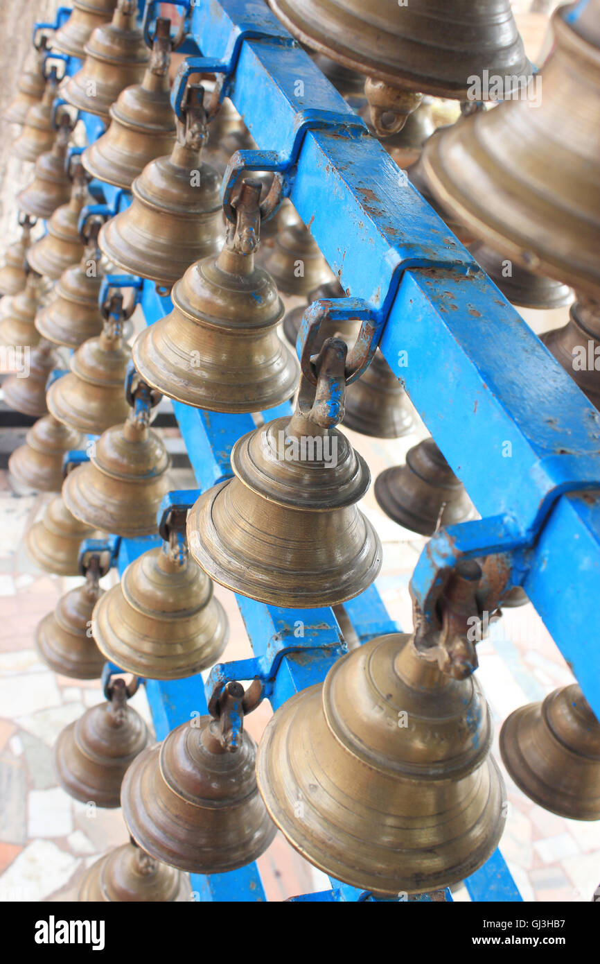 Hindu temple bells. Bells of the old temple in India. Pattern of bells