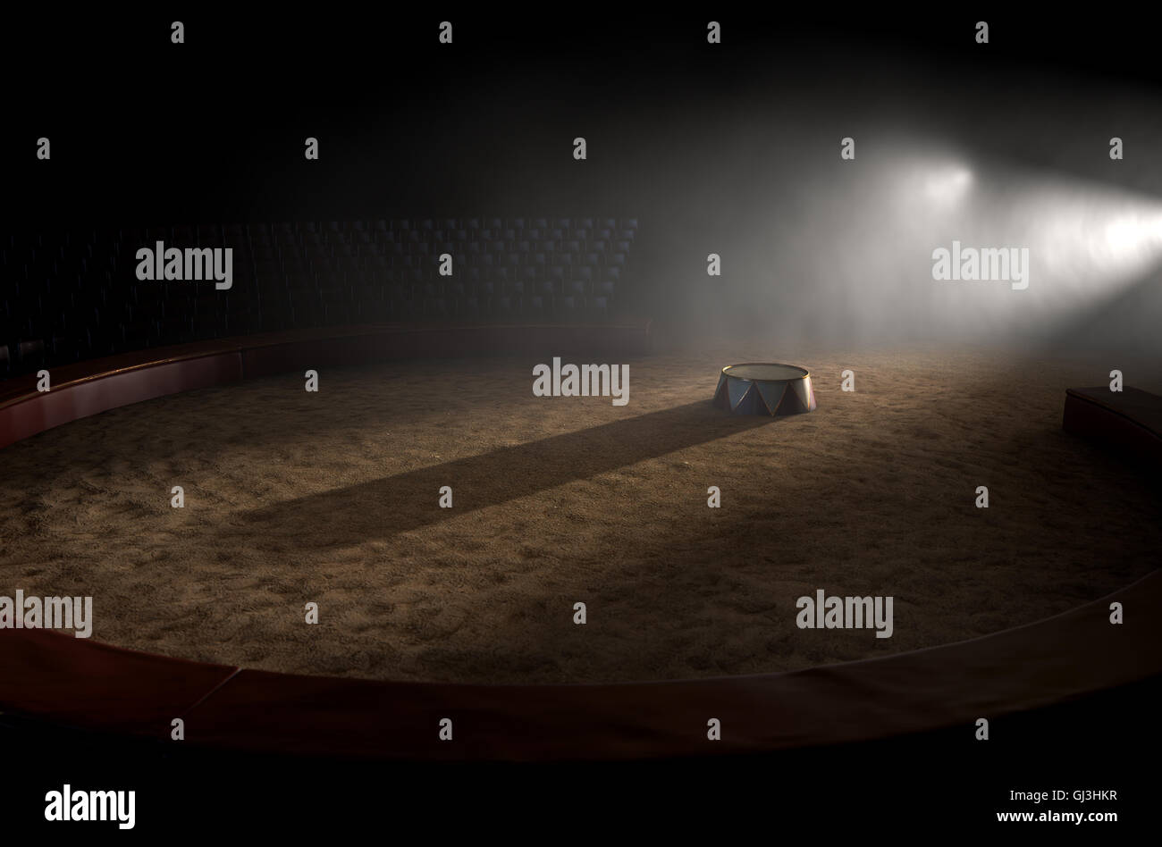 A 3D render of a classic circus arena and an empty ringmasters podium ...