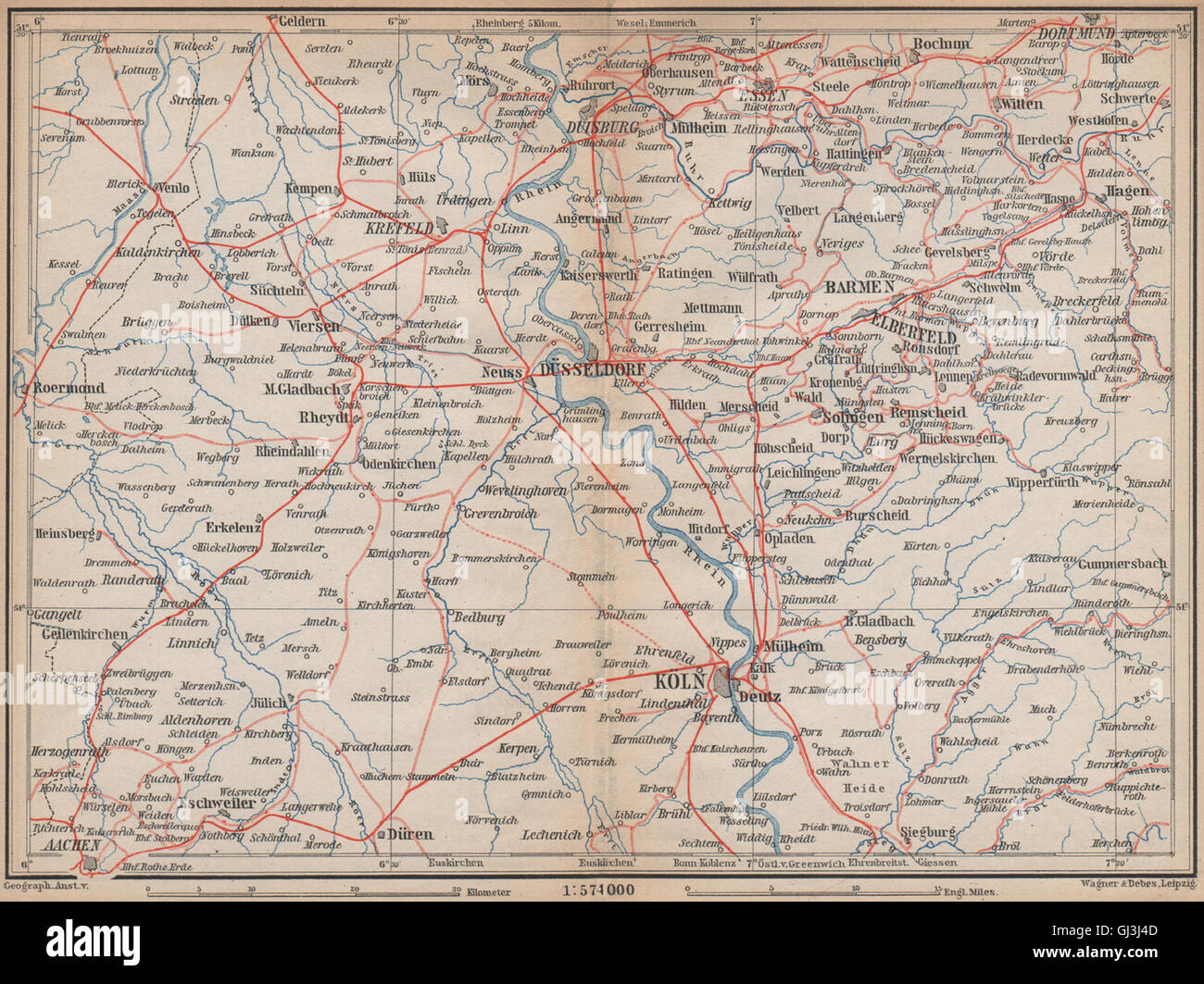 Metropolregion Rhine/Rhein-Ruhr Eisenbahnen Köln Dusseldorf Duisburg, 1896 map Stock Photo