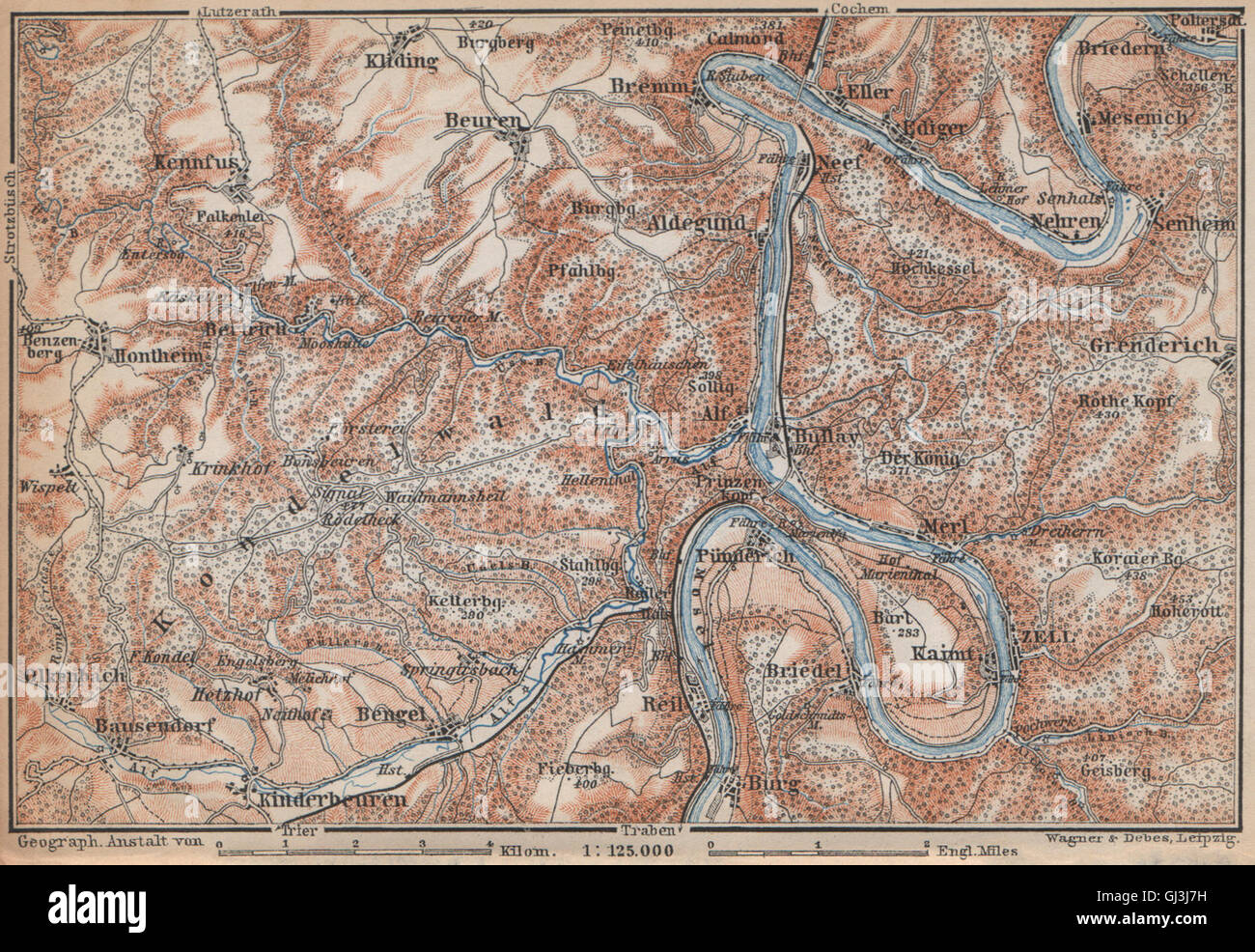 MOSEL. Zeller Hamm. Alf Kondelwald Moselle Eifel. Rhineland-Palatinate, 1896 map Stock Photo