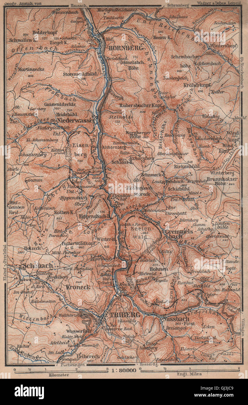 TRIBERG & HORNBERG umgebung. Schwarzwald Wasserfälle Baden-Württemberg, 1896 map Stock Photo