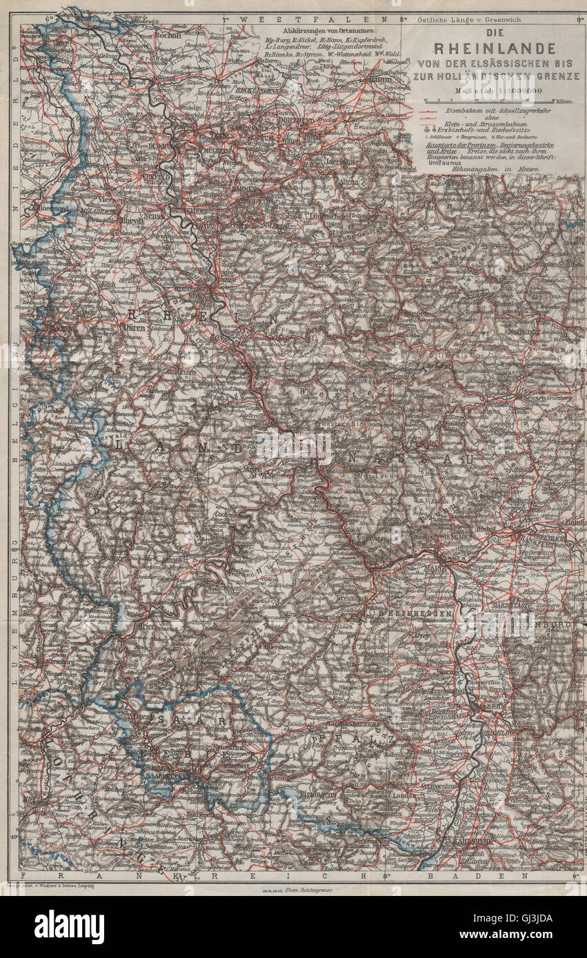 GERMANY RHINE VALLEY. Nordrhein-Westfalen. Rheinland-Pfalz. Saarland, 1926 map Stock Photo