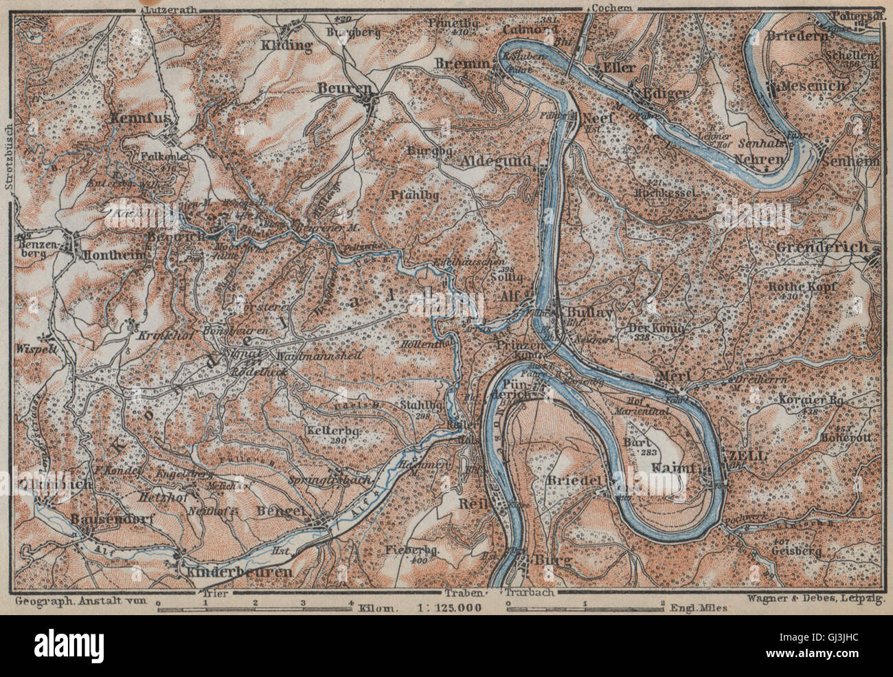 MOSEL. Zeller Hamm. Alf Kondelwald Moselle Eifel. Rhineland-Palatinate, 1926 map Stock Photo