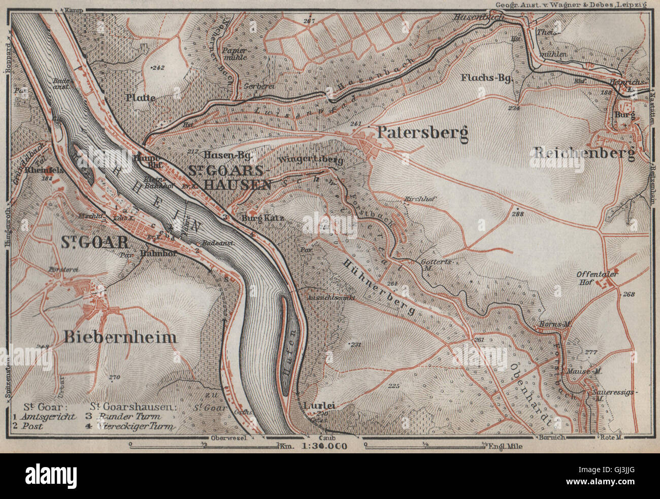 SANKT GOAR & ST GOARSHAUSEN. Oberes Mittelrheintal. Rhine Gorge karte ...