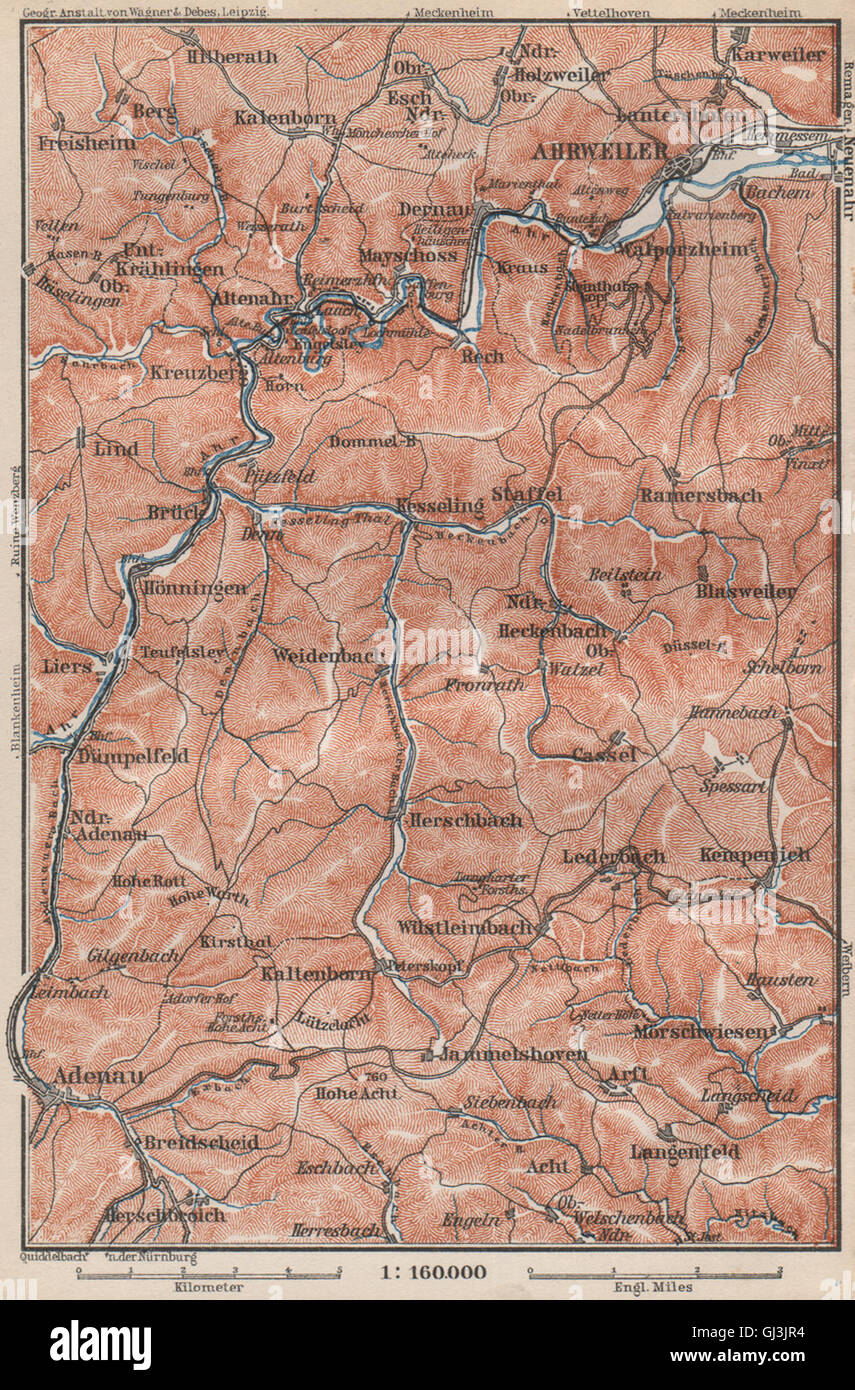AHR & ADENAUER BACH VALLEYS. Ahrweiler Altenahr topomap. Germany, 1889