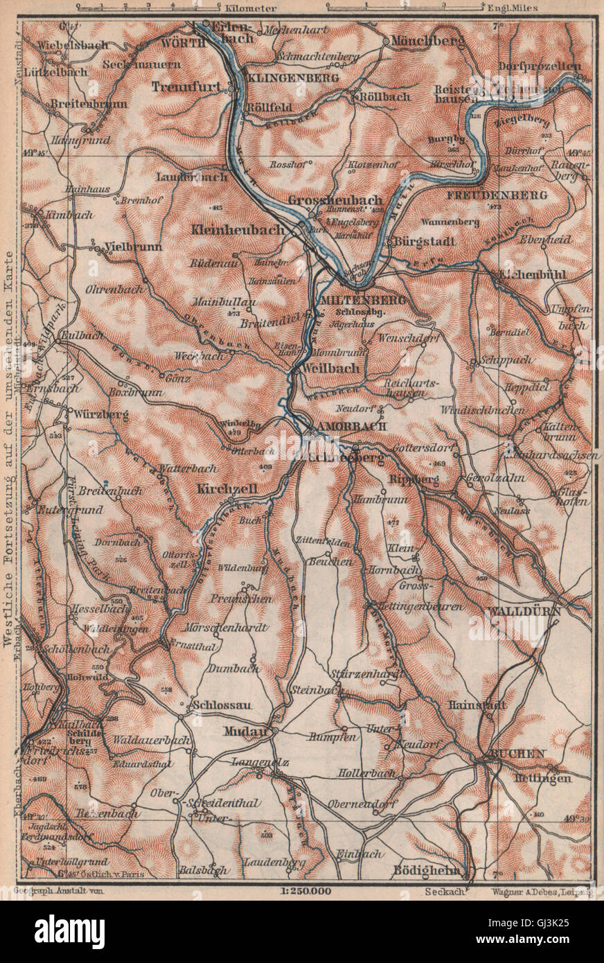 ÖST/EAST ODENWALD topo-map. Miltenberg Walldürn Klingenburg. Germany, 1892 Stock Photo