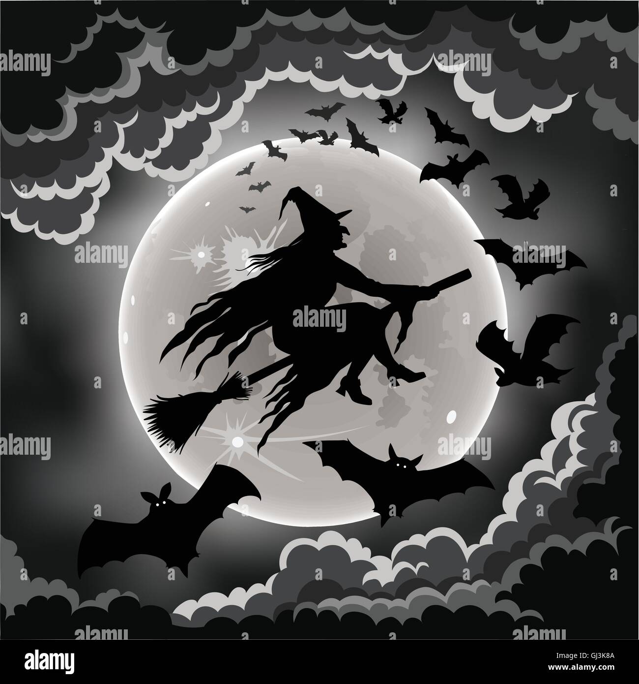 Wicked witch silhouette and bats flying by the moon. Stock Vector