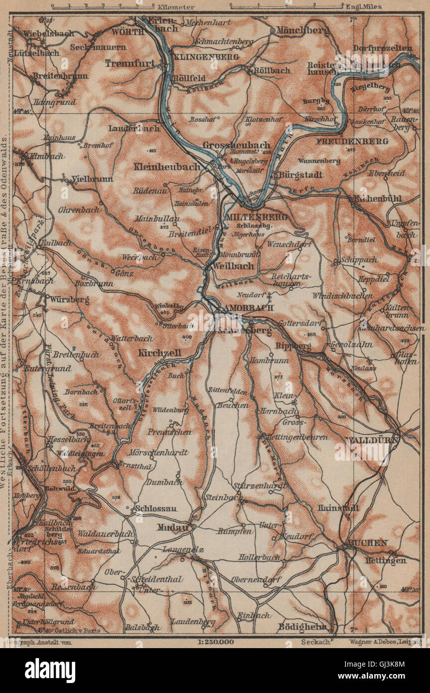 ÖST/EAST ODENWALD topo-map. Miltenberg Walldürn Klingenburg. Germany, 1903 Stock Photo