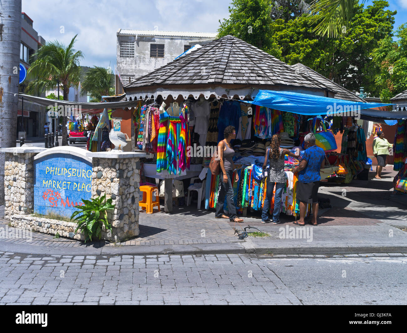 dh Philipsburg Market ST MAARTEN CARIBBEAN Two women shopping clothes