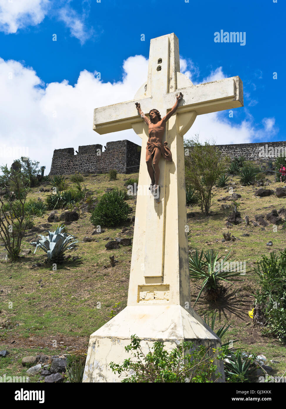 dh Marigot castle ST MARTIN CARIBBEAN Jesus on cross crucifiction statue  fort louis Stock Photo
