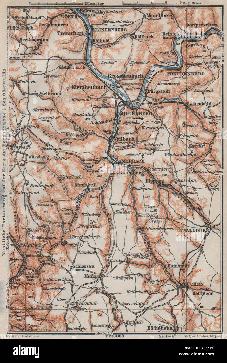 ÖST/EAST ODENWALD topo-map. Miltenberg Walldürn Klingenburg. Germany, 1906 Stock Photo