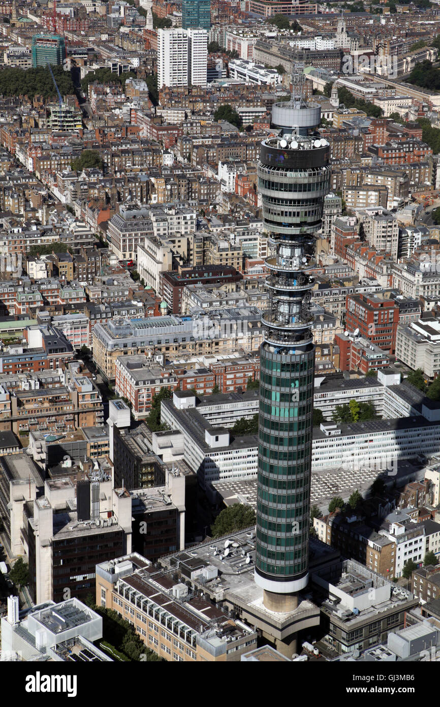 aerial view of the BT Tower, formerly Post Office Tower, in Fitzrovia, West London, UK Stock Photo