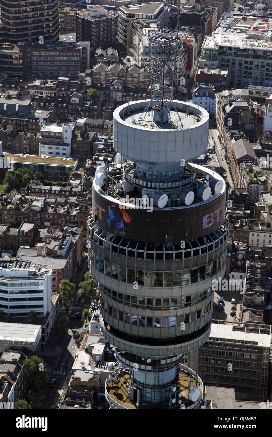 aerial view of the BT Tower, formerly Post Office Tower, in Fitzrovia, West London, UK Stock Photo