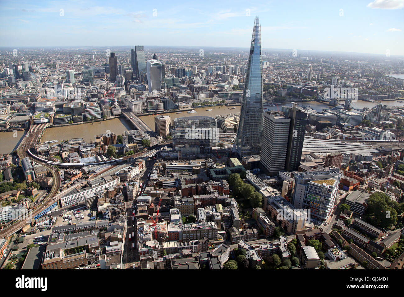 aerial view of The Shard, Guys Hospital, River Thames & the City, London Stock Photo