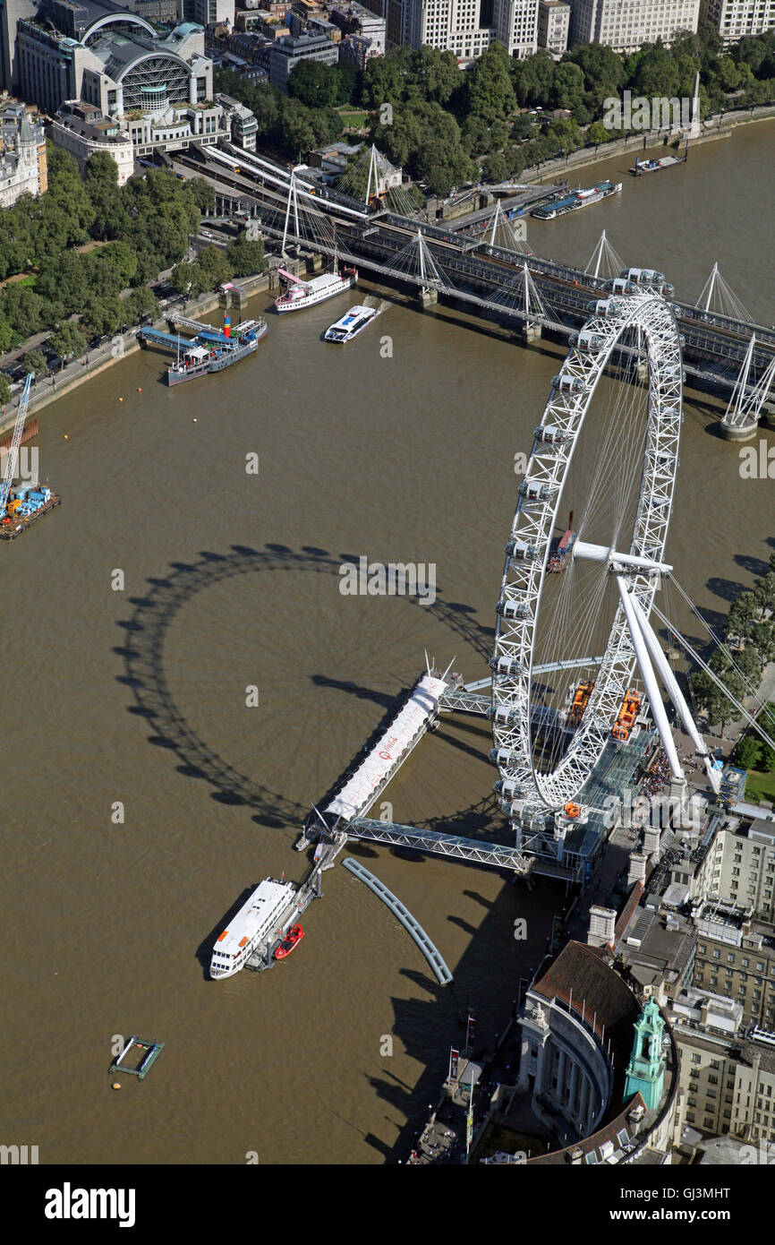 aerial view of The London Eye or British Airways Millennium Wheel on the bank of The Thames, UK Stock Photo