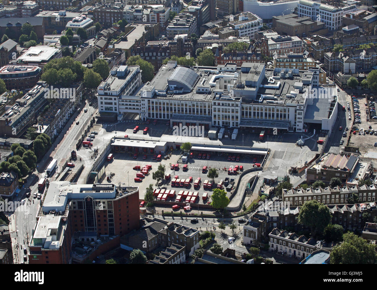 aerial view of Royal Mail Mount Pleasant Mail Centre in Farringdon Road, London EC1A, UK Stock Photo