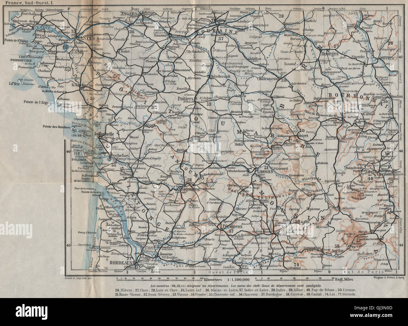 SOUTH-WESTERN FRANCE. Poitou Touraine Limousin Berry Aunis Saintonge, 1914 map Stock Photo